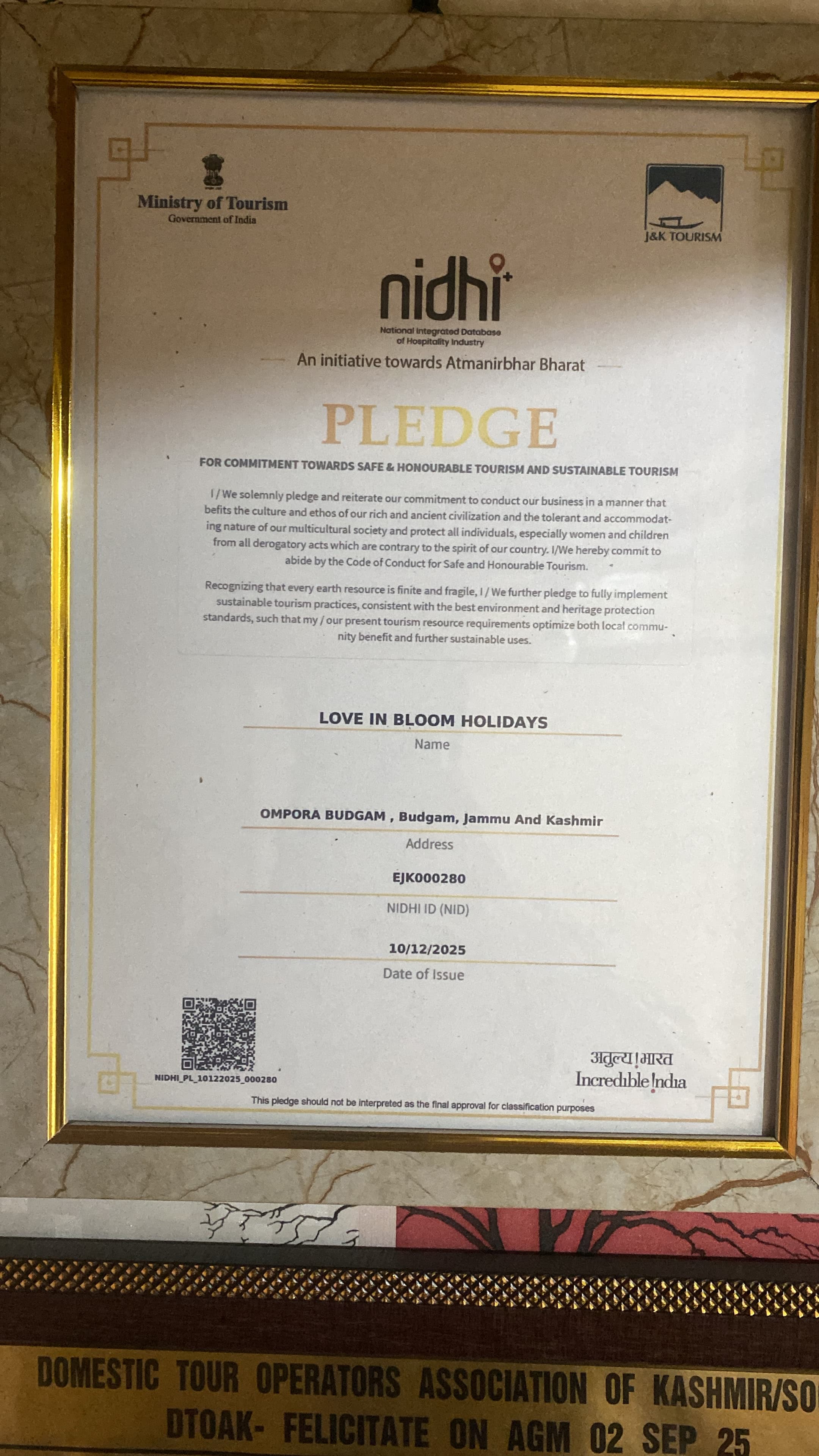 National Integrated Database of Hospitality Industry (NIDHI) Pledge